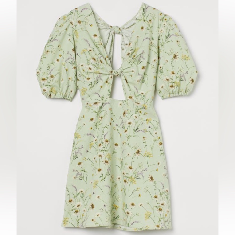 H&M Linen blend green Wildflower floral print dress tie front with puffy sleeves